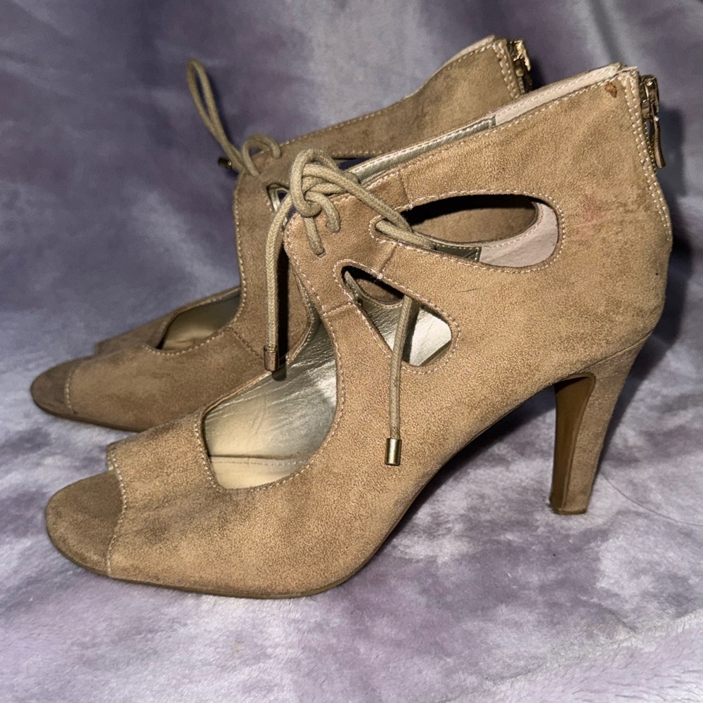 Tan Suede Peep-Toe Heels with Lace-Up Design